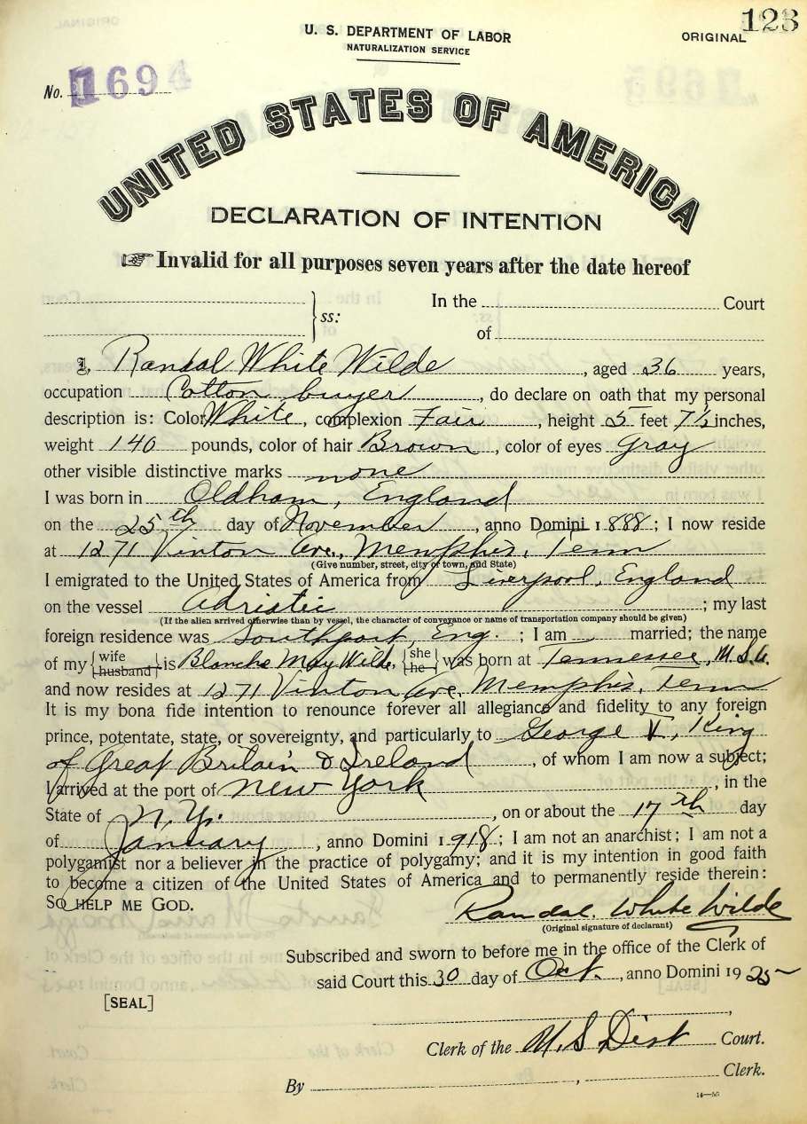 Application for American Citizenship, 1925, Randal White Wilde